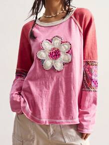 Bohemela Höst/vinter BOHO Semester Casual Patchwork Långärmad Lös T-shirt Med Grafisk Design För Damer - Multifärgad - Visa 3