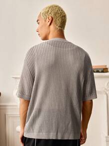 Manfinity VCAY Men's Summer Casual Letter & Number Pattern Hollow Knitted Short Sleeve Top - Khaki - View 2