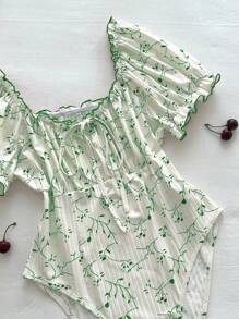 Flirla 加大码甜心领罗纹前系带短袖紧身衣，度假装 - 綠色 - 查看 4