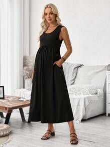 SHEIN Vestido de maternidad de línea A con bolsillos asimétricos de unicolor - Negro - Ver 1