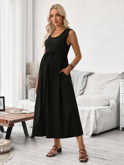 SHEIN 纯色不对称口袋A字型孕妇装