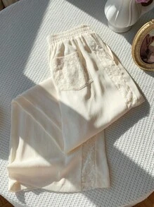 Comfortcana Pantalones anchos de mujer con aplicaciones de encaje tejido en color albaricoque