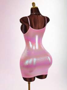 SHEIN X Scot Louie Amplova Đầm ôm body dây mảnh màu nhũ kim loại cho nữ - Hồng - Xem 9