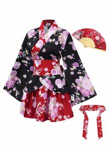 Irokai Elegant Retro Floral Print Japanese-Style Kimono Yukata(Without Fan)