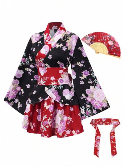 Irokai Elegant Retro Floral Print Japanese-Style Kimono Yukata(Without Fan)