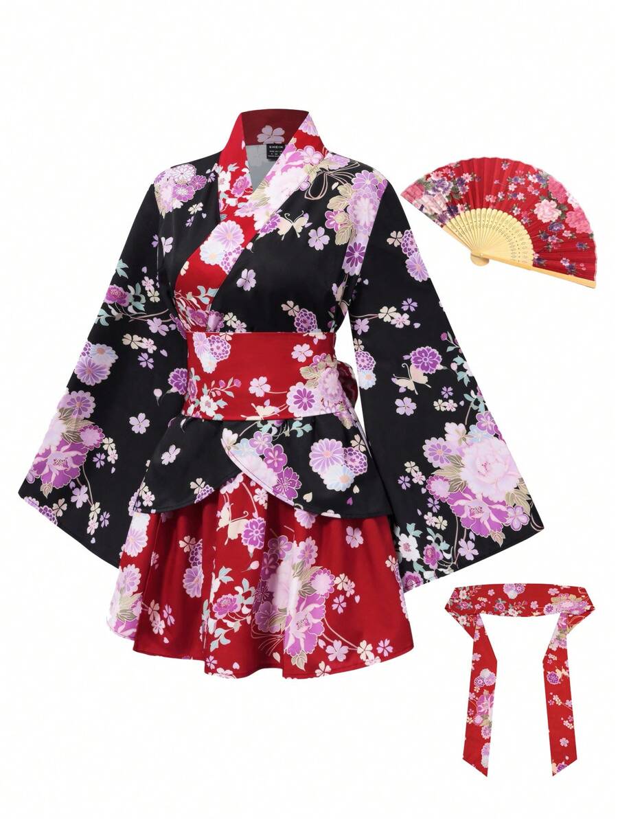Irokai Elegant Retro Floral Print Japanese-Style Kimono Yukata(Without Fan)