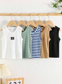 SHEIN Buy 1 Get 4 Free,Young Boy 5pcs/Set Comfortable Letter Patched Casual Tank Top,Suitable For Outdoor Activities, School,Home Leisure And Professional Sports - Multicolor - View 4