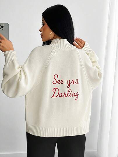 SHEIN Cardigan con scollo a ciambella, maniche a palloncino, vestibilità oversize, con scritta "See You Darling" ricamata sulla schiena, bottoni a forma di cuore, adatto per l'autunno e l'inverno, per donne