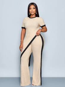 SOLERSUN 女士优雅休闲拼色圆领不对称下摆 T 恤和喇叭裤女式两件套 - 杏色 - 查看 7