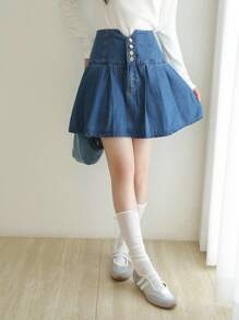 K-Vae Women's Fall Denim Blue Pleated Short Casual Denim Skirt, Button Decorated Skirt,Korean Style Fall Women Clothes,Back To School,Teacher Outfits For Women