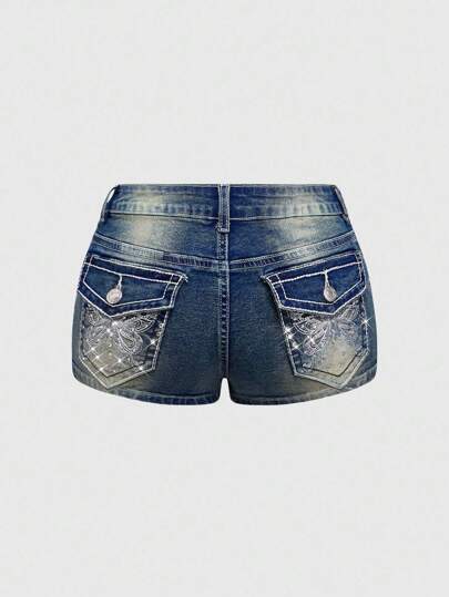 J-Fashion Pantaloncini in jeans corti e vita bassa, con ricami a farfalla usurati, impreziositi da strass, in stile Y2K, di taglia curvy