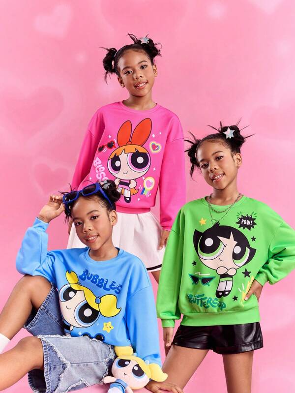 THE POWERPUFF GIRLS X SHEIN Tween Girl 3pcs Cartoon Pattern Casual Drop Shoulder Oversize Long Sleeve Crew Neck Sweatshirt
