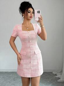 Elenzga 女式仿珍珠纽扣设计格子短袖优雅迷你连衣裙