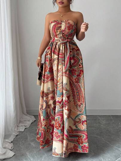 Elenzga Plus Size Women Elegant Romantic Floral Print Halter Dress For Holiday, Loose Flowy Floral Long Dress