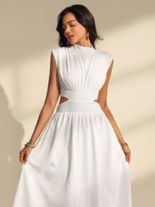 Almamuse All White Split Textured Stand Collar Casual Dress With Cap Sleeves, Spring/Summer Maxi Dress With Pockets - White - View 5