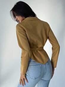 Firerie Bộ vest da lộn kaki mùa thu cho nữ/Áo khoác da lộn/Phụ nữ mùa thu/Phụ nữ trở lại trường/Biểu diễn nhạc đồng quê/Phụ nữ thường ngày trong công sở/Trang phục công sở/Giáo viên/Phụ nữ phong cách quý tộc/Mùa đông - Màu nâu  Mocha - Xem 5