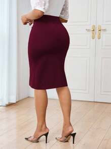 Lunelith SHEIN Lunessa Elegant Solid Color Fitted Pencil Skirt Suitable For Commute Office Skirt - Burgundy - View 2