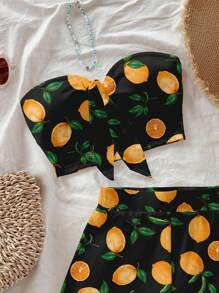 Soleia 2pcs/Set Casual Minimal Lemon Print Women's Outfit Suitable For Summer Suitable For Going Out - Black - View 3