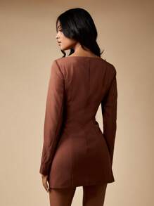 MISSGUIDED Button Front Long Sleeve Mini Dress Square Neck Bodycon Dress Fall Winter Professional Office Wear Blazer Style Tailored Dress Executive Business Attire - Brown - View 2