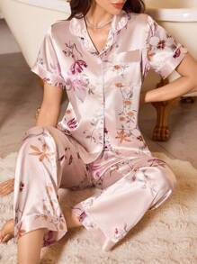 LuxeNights Conjunto de lencería elegante de mujer con estampado floral de seda sintética, con chaqueta con solapa y manga corta - Multicolor - Ver 5