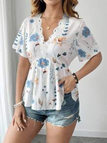 SHEIN LUNE Plus Size Women V-Neck Floral Ruffle Trim Short Sleeve Tie Waist Floral Vacation Romantic Elegant Blouse