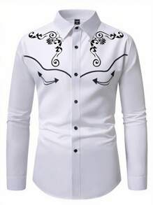 Manfinity Nomadique Camicia casual a maniche lunghe con stampa floreale monopetto in stile western per uomo, camicia western, camicia da cowboy, camicia da uomo western, camicia da rodeo per uomo, camicia da cowboy, camicia da uomo western, camicia bianca da uomo con grafica, autunnale