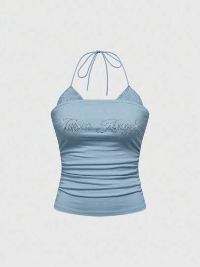 Canotta da donna con schiena arricciata, decorata con pizzo e strass