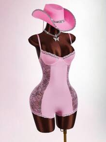 Amplova Bộ đồ liền thân ren tương phản gợi cảm ôm vừa vặn có eo xếp ly dành cho nữ - Hồng - Xem 4