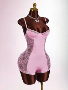 Amplova Bộ đồ liền thân ren tương phản gợi cảm ôm vừa vặn có eo xếp ly dành cho nữ - Hồng - Xem 8