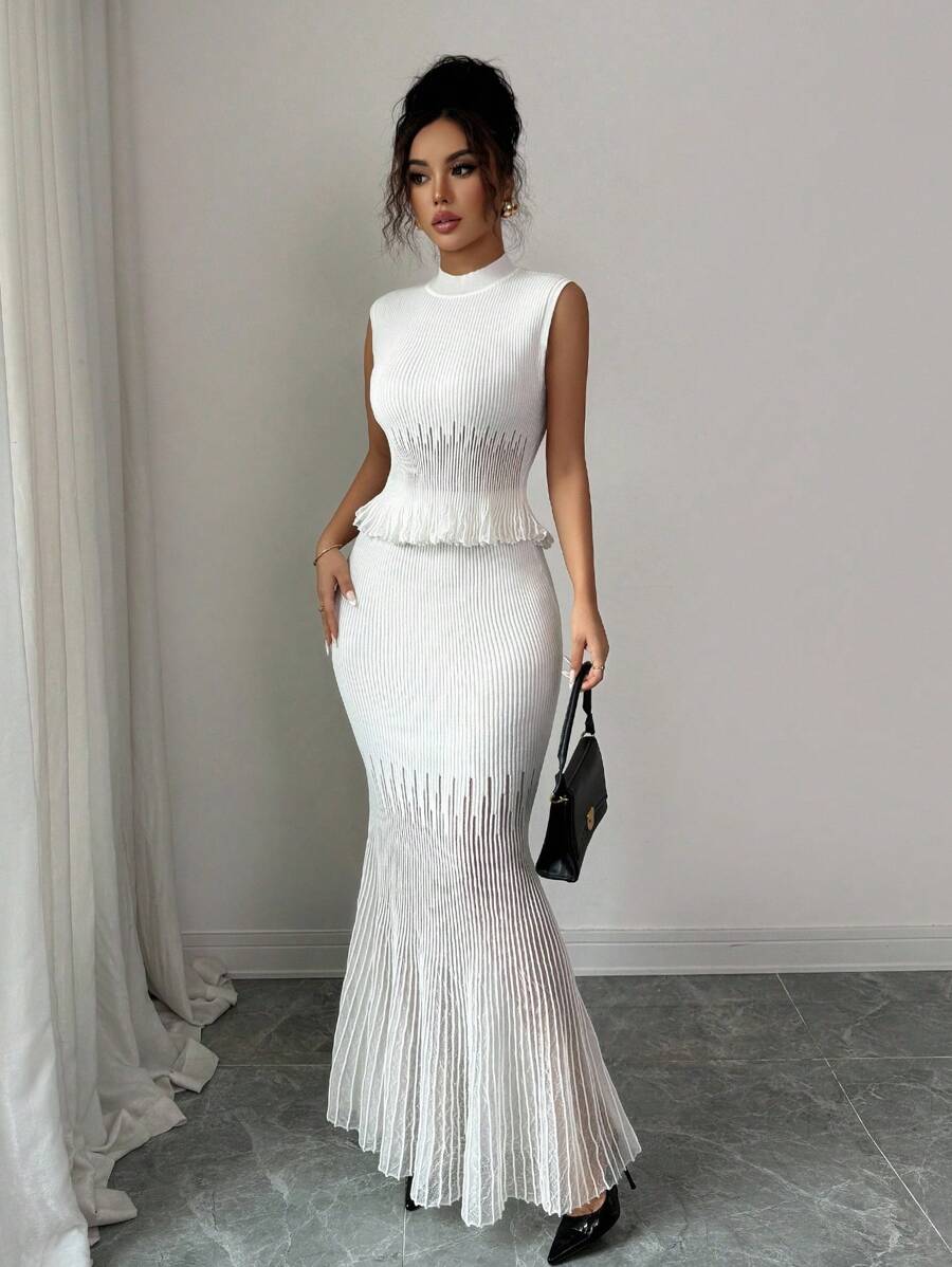 Elenzga 2 件套婚礼宾客礼服套装，优雅浪漫针织和欧根纱拼布服装，复古白色风格女士服装，适合所有季节 - 白色 - 查看 1