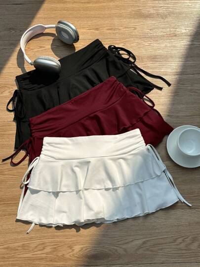 Attitoon 3pcs Set Women's Black, White, Wine Red Casual Minimalist Ruched Waist A-Line Skirt, Suitable For Concerts, Cruises, Clubs,White Mini Skirt Chic Dress