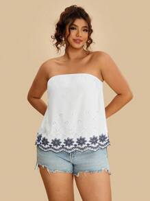 Travachic Top tubinho plus size feminino com bordado floral azul e branco, casual, solto, praia/resort, estilo boêmio havaiano