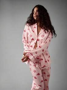 AiiRZ 夏季棉质贝壳印花睡衣套装长袖纽扣领上衣搭配同款裤子海滩家居服睡衣睡衣海岸系列 - 粉色 - 查看 3