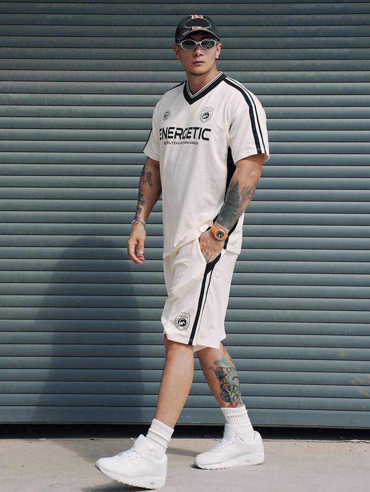 Summer Men's Letter Print Splicing Contrast Stripe Sports Style White Jersey T-Shirt Set