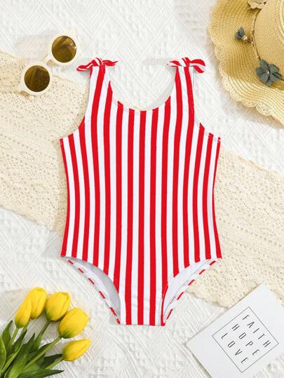 SHEIN Baby Girls Beachwear One-Piece Swimsuit, Digital Polyester Striped & Floral Print Fashionable & Cute For Summer Swimming