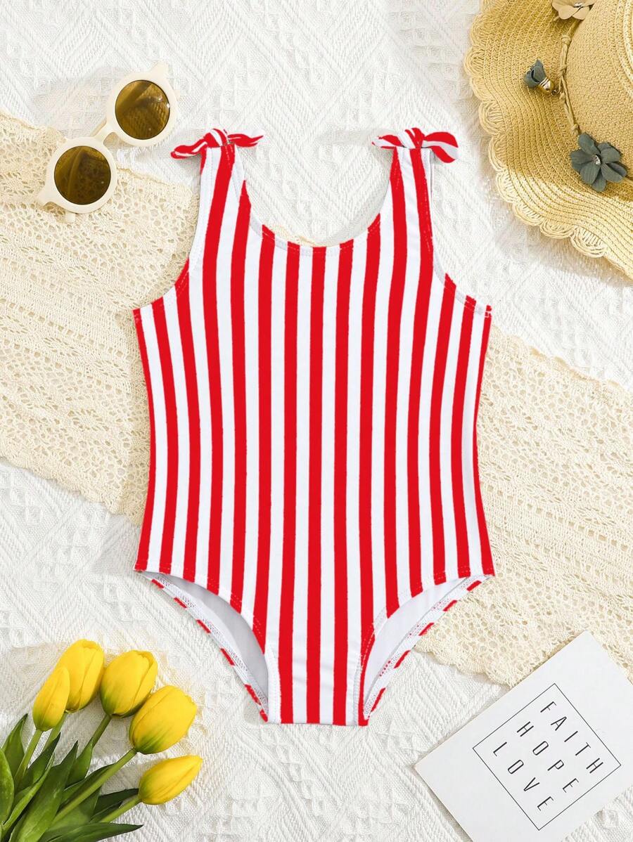 SHEIN Baby Girls Beachwear One-Piece Swimsuit, Digital Polyester Striped & Floral Print Fashionable & Cute For Summer Swimming - Red - View 1