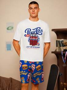 PEPSI X SHEIN Herren Sommer Lässig Set aus Oversized T-Shirt mit Soda Slogan Grafik und Shorts als Pyjama