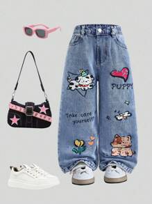 MÄDCHEN Hellblaue weite gerade geschnittene Jeans, Vintage Design für Streetwear Stil, farbenfroher grafischer Muster für einen lebendigen Look, geeignet für Lässig, Schule, Outdoor, Urlaub, Party, essentielles Teil für modebewusste Mädchen, Frühling/Sommer