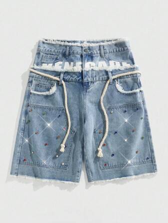 Street Life Men's Loose Fit Double Layer Waist Diamond Embellished Denim Shorts