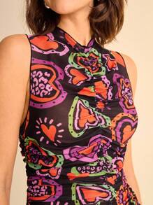CAJUNI Top transparent ajusté sans manches avec motif cœur tropical pour femmes - Multicolore - Voir 4