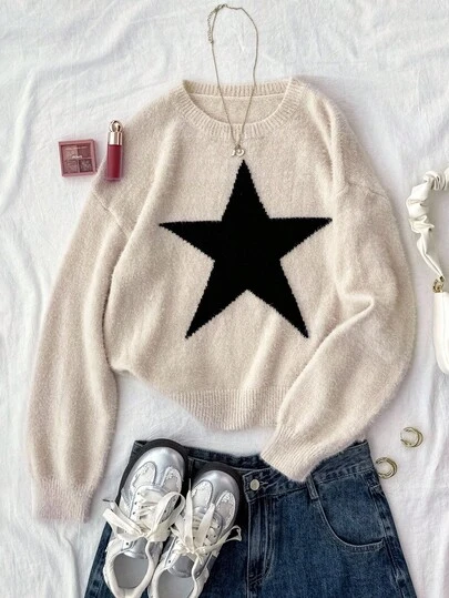 SHEIN Jersey de cuello redondo con hombros caídos y estampado de estrellas para chica adolescente, uso casual para otoño/invierno