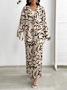 SHEIN Lady Beige,Autumn,Chic,Vacation Women's Two-Piece Set Elegant Printed Tie Front Long Cardigan Jacket&Wide Leg Pants Suit Old Money Style Business Casual - Apricot - View 1