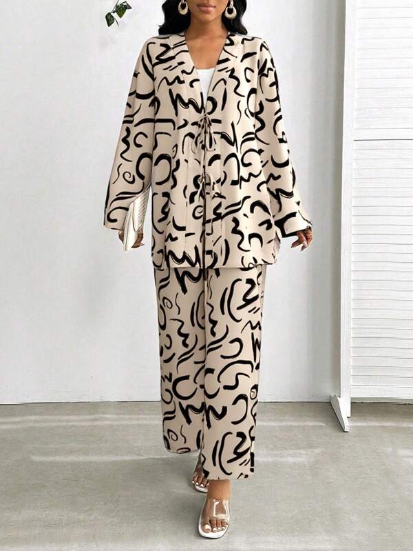 SHEIN Lady Women's Line Print Long Sleeve Tie Front Jacket And Pants Casual Suit