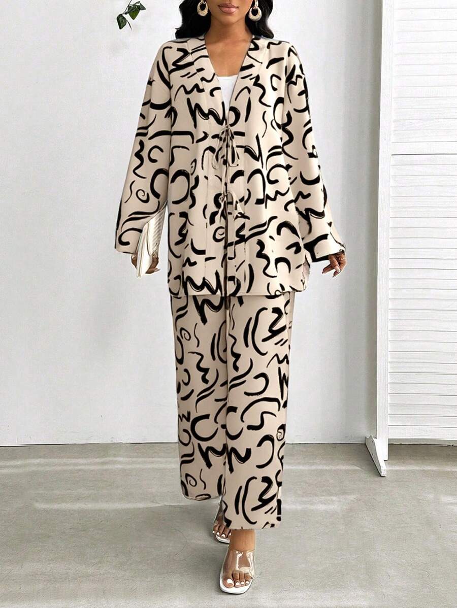 SHEIN Lady Beige,Autumn,Chic,Vacation Women's Two-Piece Set Elegant Printed Tie Front Long Cardigan Jacket&Wide Leg Pants Suit Old Money Style Business Casual - Apricot - View 1