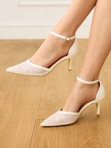 CUCCOO HITCHD 女士尖头低跟白色珍珠亮片镂空带高跟鞋 - 白色 - 查看 3