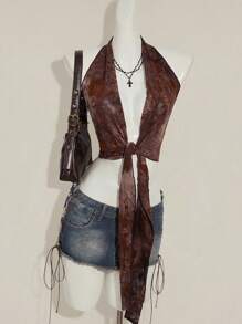 SHEIN ICON 女士性感花卉印花露背金属环吊带背心系带上衣秋季女装 - 咖啡棕 - 查看 2