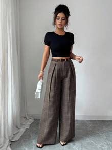 Elenzga 女式复古休闲褶皱格子裤（配腰带） - 咖啡棕 - 查看 4