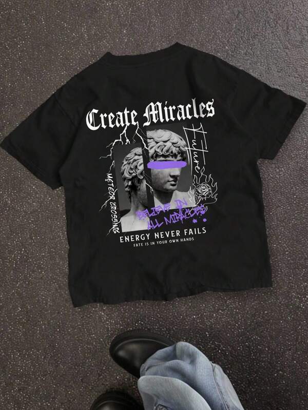 SHEIN Tricou cu mânecă scurtă pentru băiat adolescent, ocazional, statuie minimalistă, cu desene animate, potrivit pentru vară