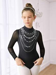 SHEIN Bộ đồ liền thân bó sát tập luyện thi đấu thể thao dài tay cho bé gái tuổi mới lớn, in họa tiết màu đen, co giãn cao thoải mái, thoáng khí - màu đen - Xem 7