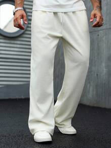 Manfinity Homme Men's Drawstring Waist Wide Leg Sweatpants Wide Leg Sweatpants Wide Leg Sweatpants Waffle Men's Wide Leg Jogging Pants Loose Pants Y2kblack Loose Pants - Beige - View 4